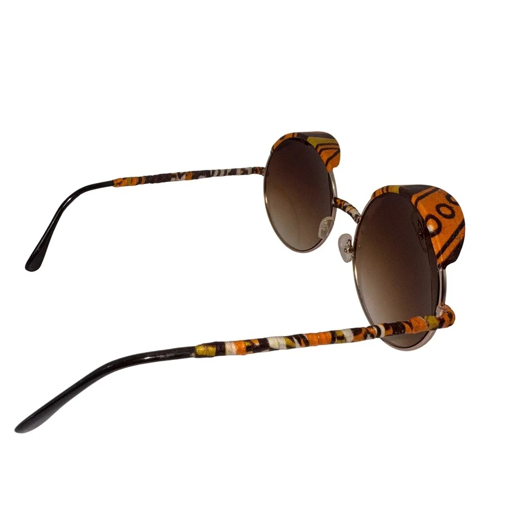 Womens Round Teashades‎ Sunglasses Gold Frame Orange Brown Fabric Accents Unique